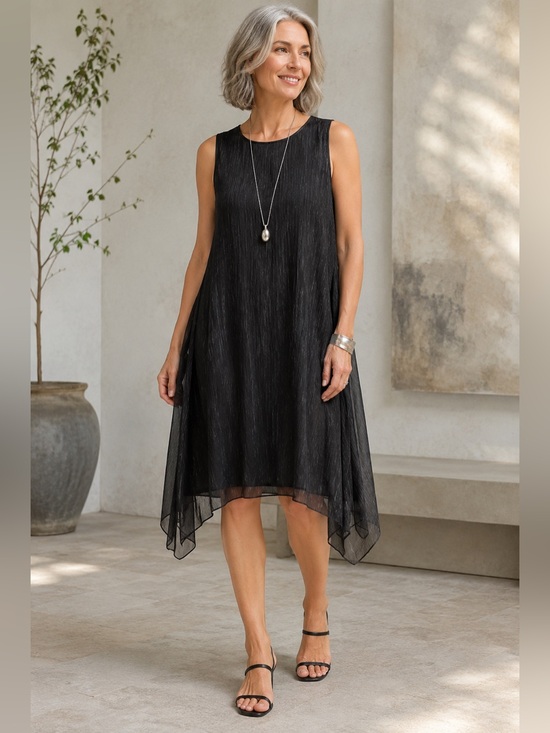 Eileen Fisher Dresses & Skirts - Eileen Fisher Black/Gray 100% Silk Crinkle Sleeveless Shift Dress M Lagenlook